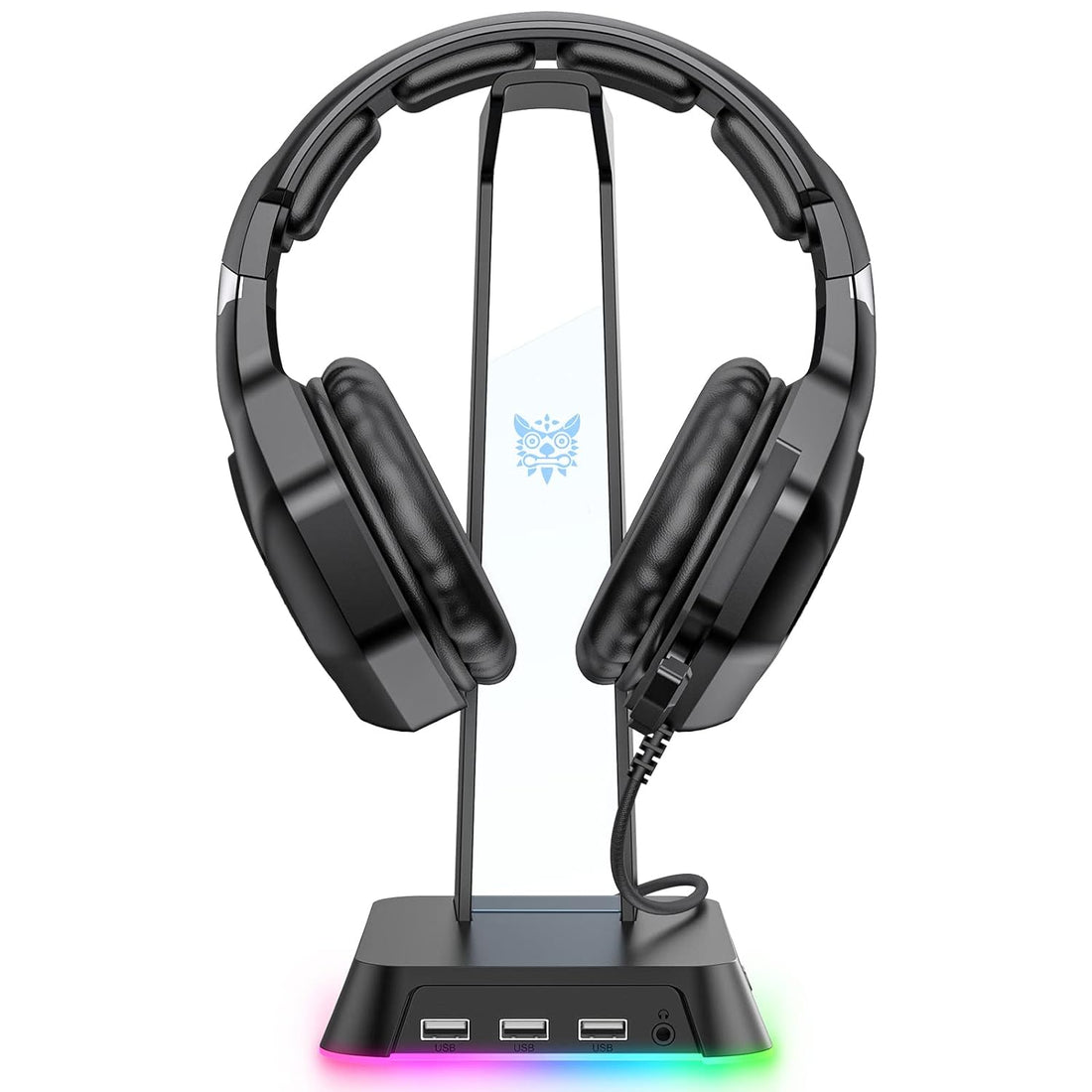 SOSISU RGB Headphones Stand with 3.5mm AUX and 3 USB 2.0 Ports, Gaming Headset Holder Hanger with Non-Slip Rubber Base for SOSISU Gaming Headset(Not Included), PC, Desktop (Black)