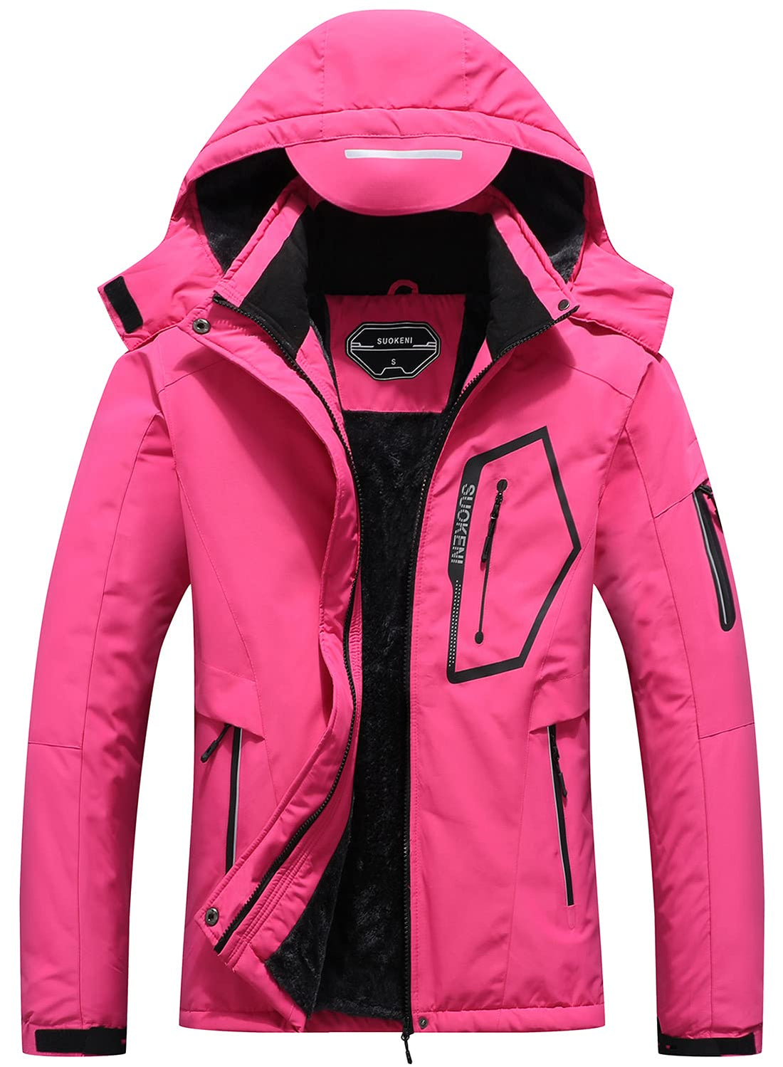 SUOKENI Women's Waterproof Warm Winter Snow Coat Hooded Raincoat Ski Snowboarding Jacket, Rose Red, Small