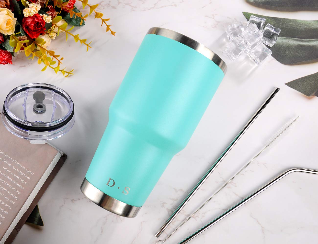 D·S 30oz Mint Tumbler Stainless Steel Double Wall Vacuum Insulated Mug with Straw and Lid, Cleaning Brush for Cold and Hot Beverages