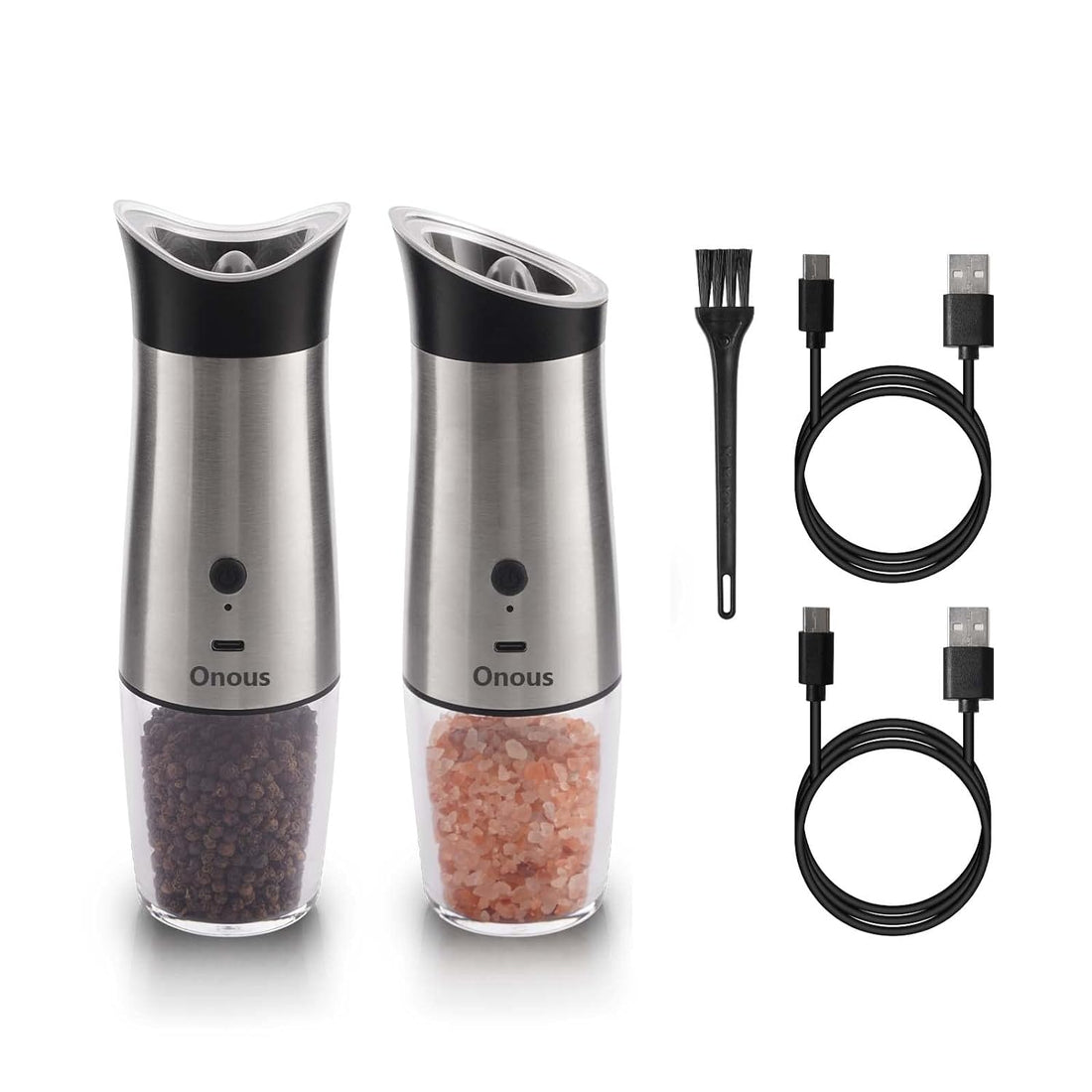 Electric Salt and Pepper Grinder Set, Onous Gravity Automatic Salt and Pepper Grinder Set Long Battery Life Pepper Mill Shakers, 2 Pack