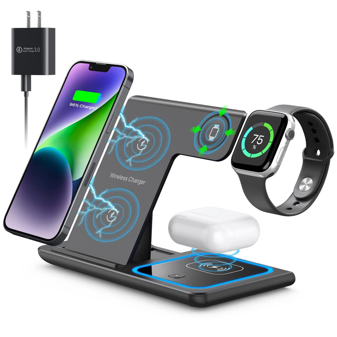 MILDILY - Wireless Charger, 3 in 1 Wireless Charging Station for Apple iPhone/iWatch/Airpods, iPhone 13, 12, 11 (Pro, Pro Max)/XS/XR/XS/X/8 (Plus), iWatch 7/6/SE/5/4/3/3/2, AirPods 2/Pro (Black) )