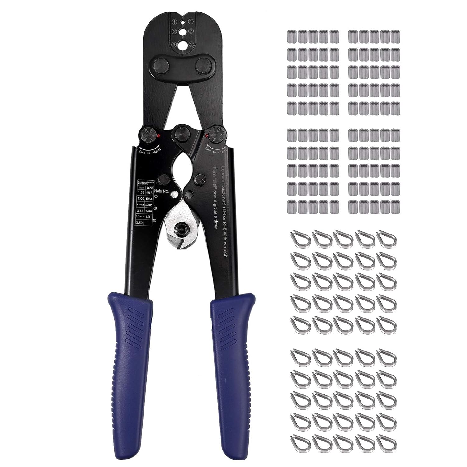 Proster 2 in 1 Wire Rope Crimping Tool Cutter from 1/16inch to 1/8inch with 100pcs 1/8inch Aluminum Crimping Loop Sleeve Crimps + 50pcs M3 Stainless Steel Thimble Rigging for Wire Rope Cable