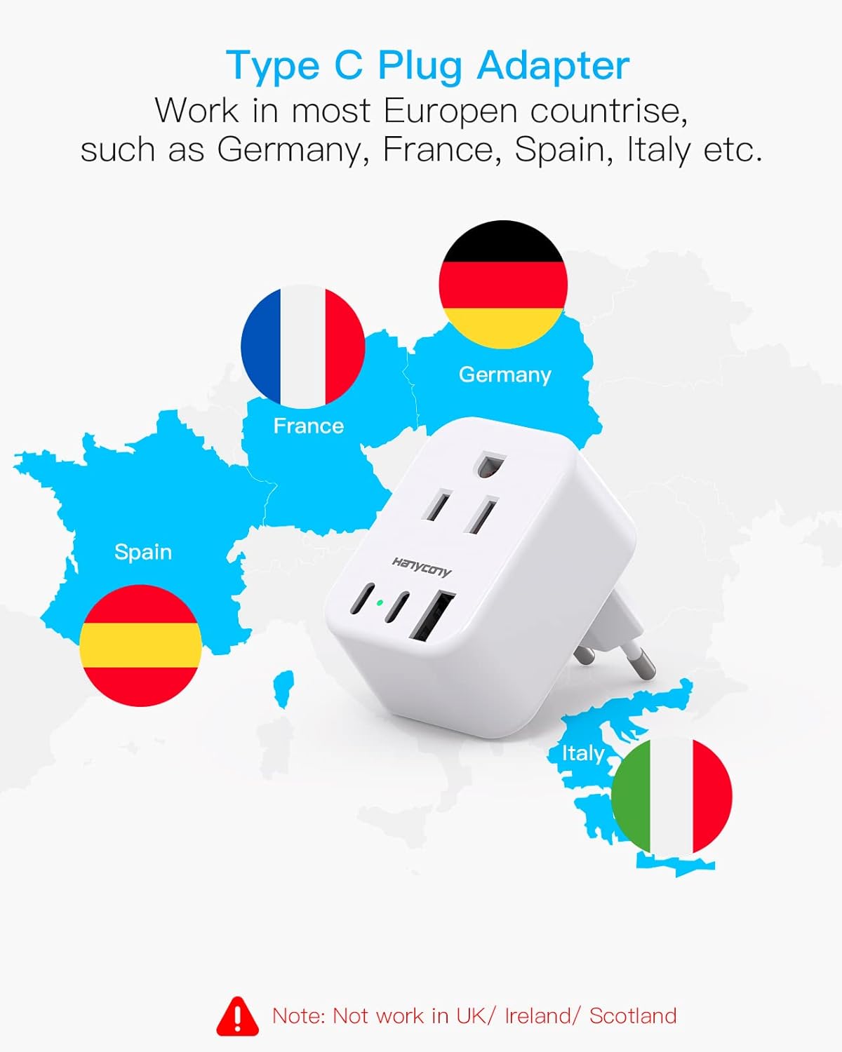 European Travel Plug Adapter, International Plug Adapter, Italy Spain Power Adapter, 2 Outlets 2 USB C Ports, Type C Adapter Travel Cruise Essentials for Amercian US to Most Europe France Germany EU