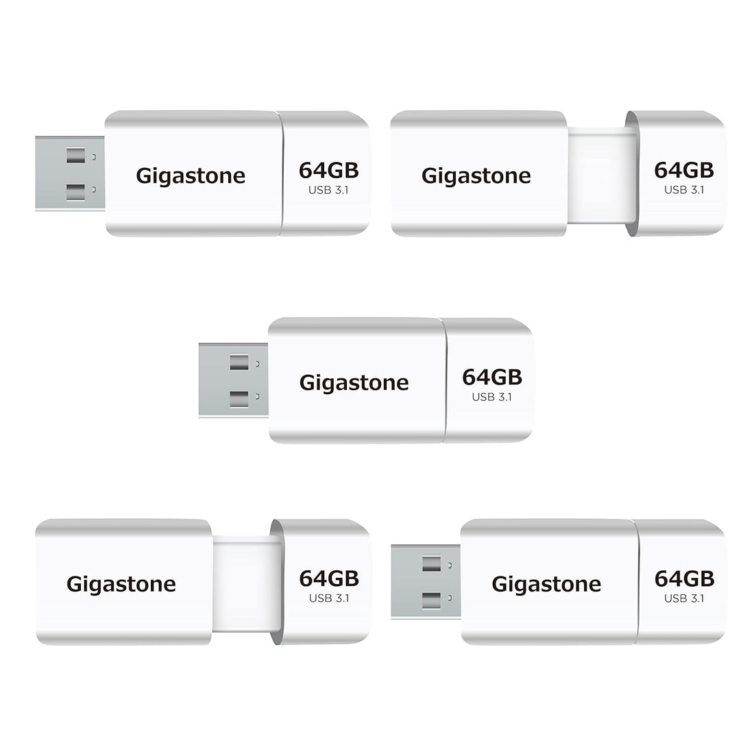 Gigastone Z60 64GB 5-Pack USB 3.2 Gen1 Flash Drive, Ultra High Speed Pen Drive, Capless Retractable Design Thumb Drive, USB 2.0 / USB 3.0 / USB 3.1 Interface Compatible