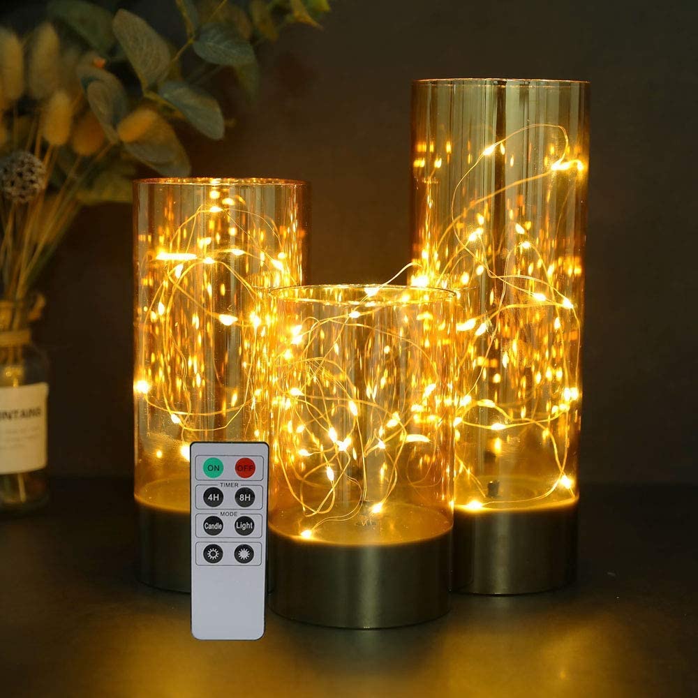 JHY DESIGN Set of 3 Battery Table Lamp 6/8/10inch High Glass Decorative Lights with Fairy String Lights Battery Powered 8-Key Remote Control for Home Party Wedding Indoor Outdoor (Champagne Plated)