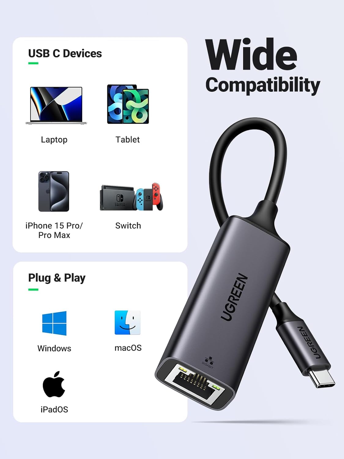 UGREEN USB C to Ethernet Adapter, 1000Mbps, RJ45, Driver-Free, Compatible with Windows, MacOS, iPadOS, ChromeOS, Android, Laptop, Tablet, Smartphone