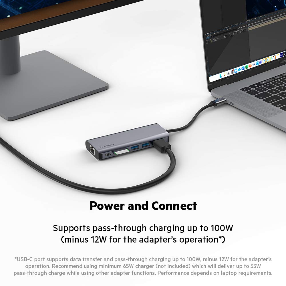 Belkin USB C Hub, 6-in-1?MultiPort?Adapter Dock with 4K HDMI, USB-C 100W PD Pass-Through Charging, 2 x USB A, Gigabit Ethernet Ports and SD Slot for MacBook Pro, Air, iPad Pro, XPS and More