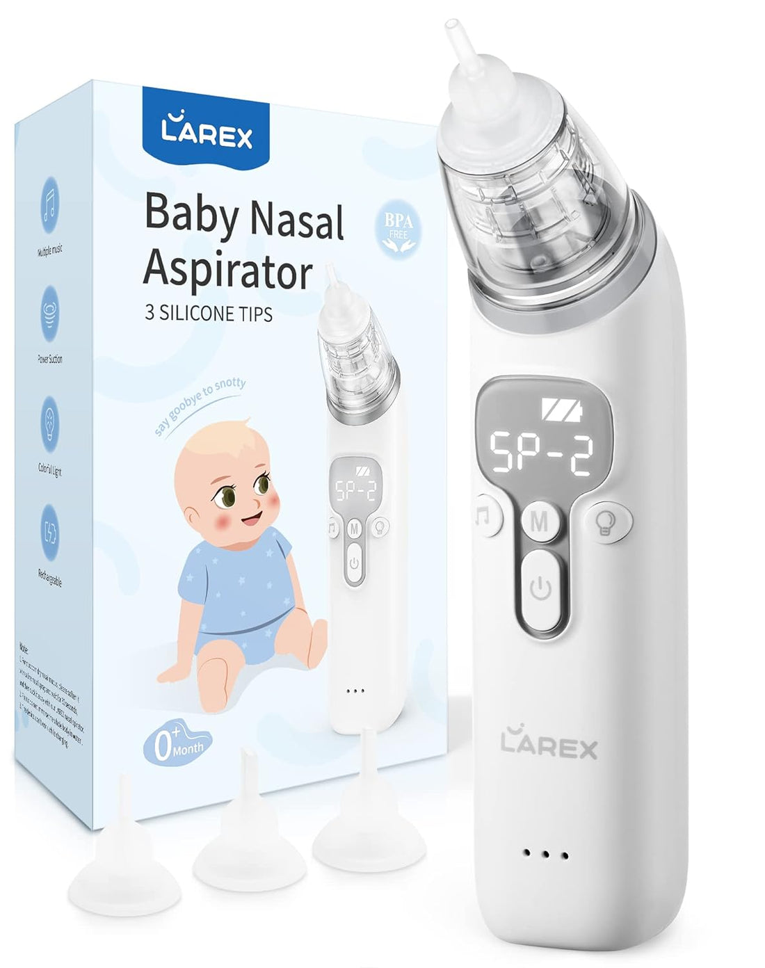 Larex Baby Nose Sucker,Nasal Aspirator for Baby,Nasal Aspirator for Toddler,Electric Baby Nose Suction-Rechargable,3 Levels Power Suction,Music and Light Soothing Function