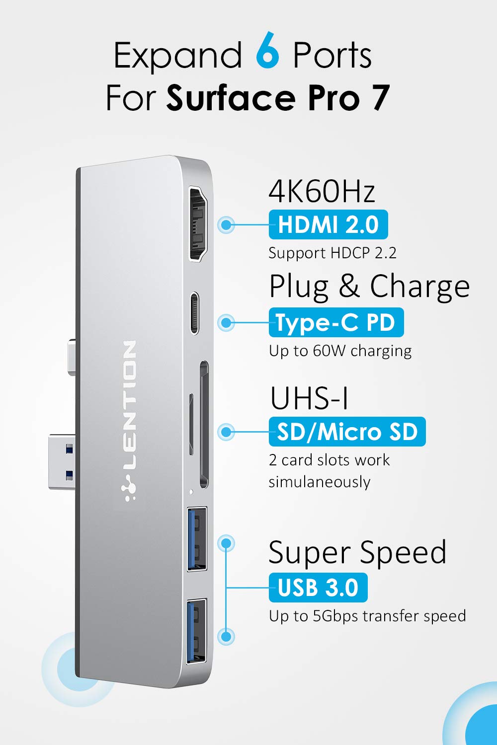 LENTION 6-in-1 USB C Hub for Surface Pro 7 Only, with 4K/60Hz HDMI, SD & Micro SD Dual Card Reader, 2 USB 3.0, 60W Type C Charging Multi-Port Adapter (CB-CS34, Silver)