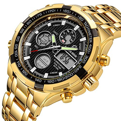 Golden Hour: Luxury Stainless Steel Analog Digital Watch – Side View