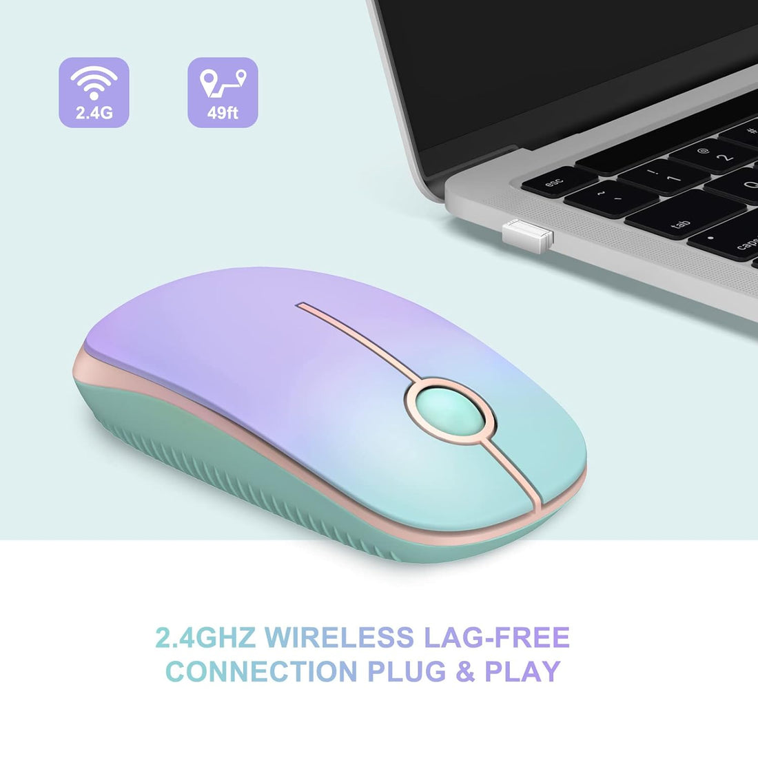 Unipows Wireless Mouse - 2.4G Slim Portable Computer Mouse with Nano Receiver, Less Noise Mobile Optical Mice for Notebook, PC, Laptop, Computer, Mac (Gradient Mint Green to Purple)