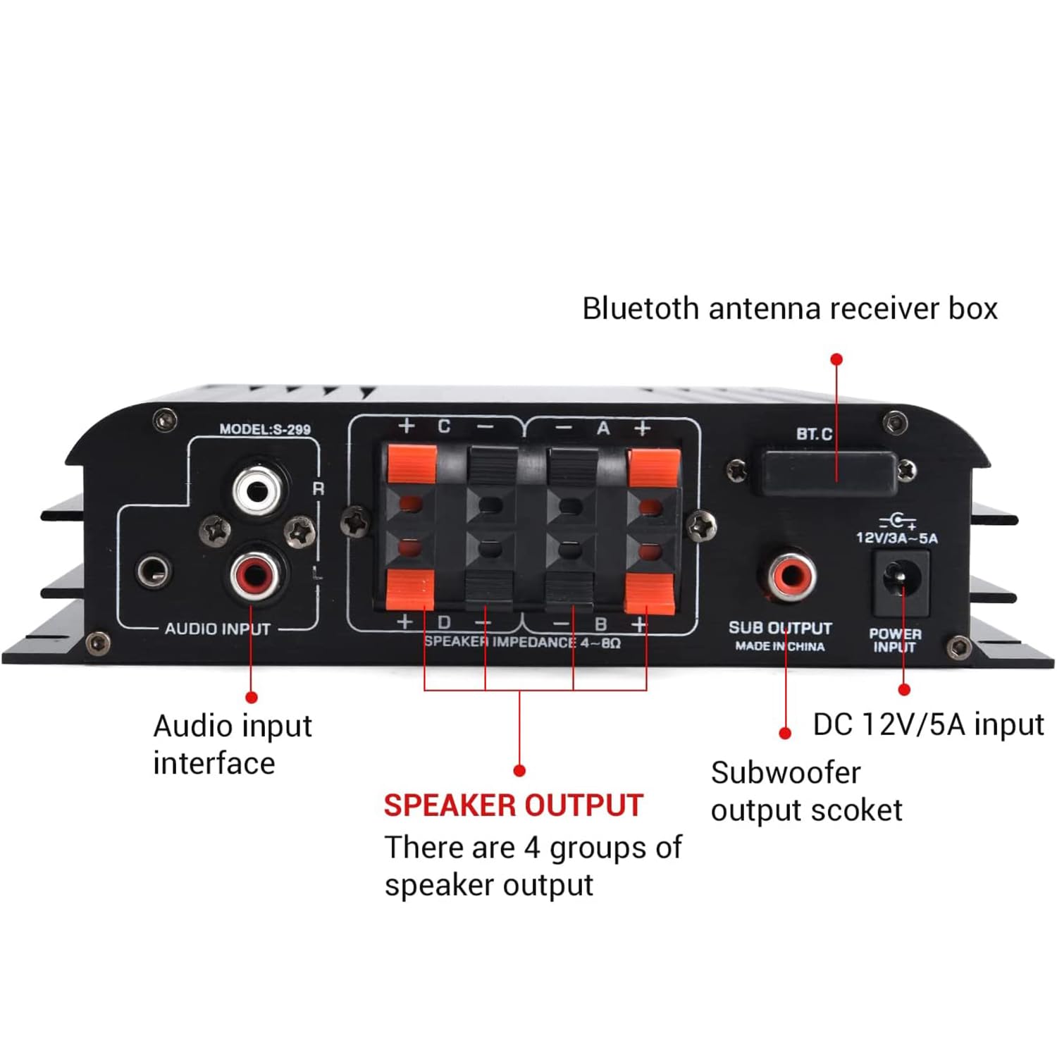 Suacopzar Max 800W Bluetooth Home Audio Amplifier, RMS 40Wx4 4.1CH Bluetooth Power Amplifier with Active Subwoofer, Sound Audio System w/AUX, Headphone Jack, USB Port, SD, TF Card port, Remote Control