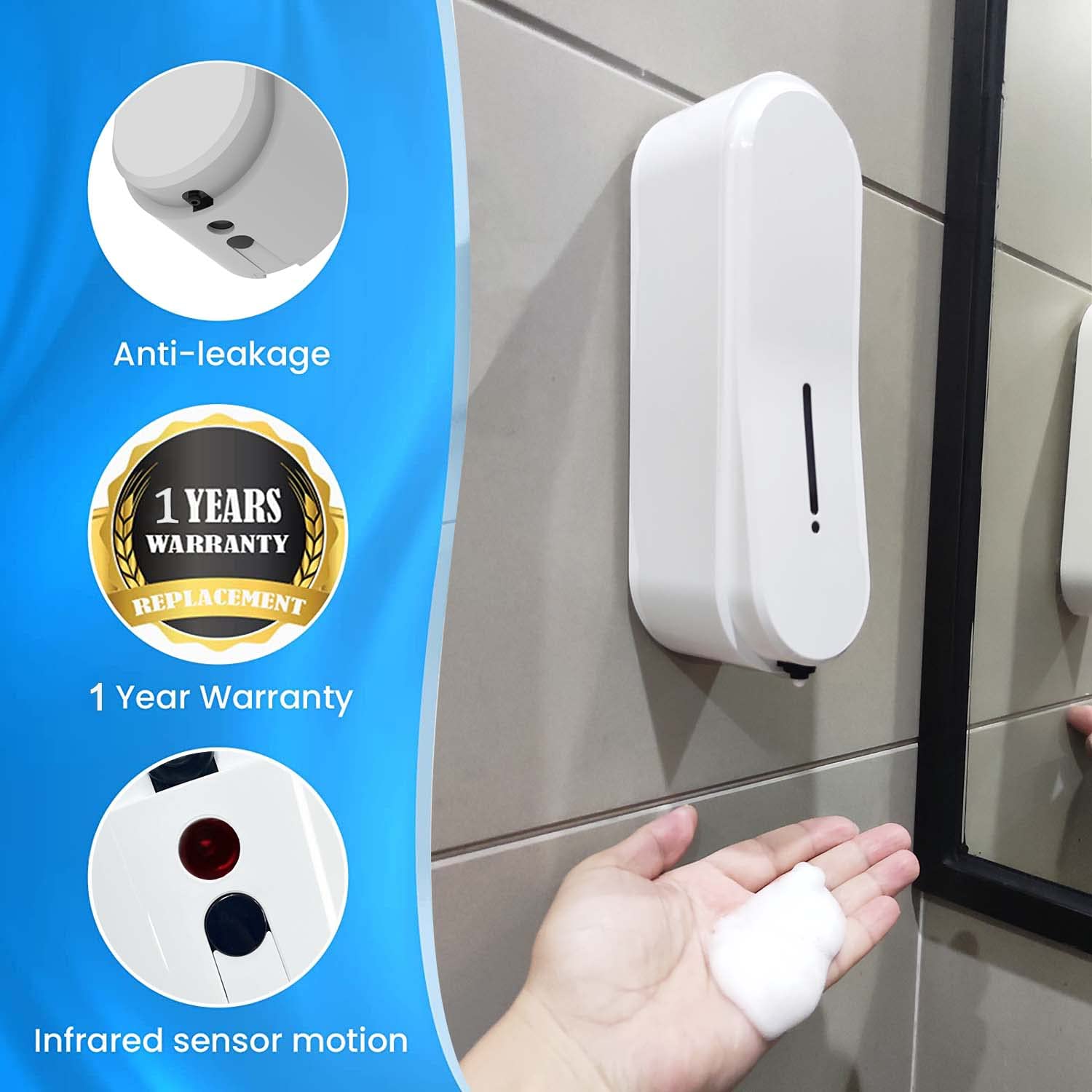 TECHO Automatic Soap Dispenser Hand Sanitizer Dispenser Wall Mount, Foaming Hand Free Soap Dispenser,Touchless Electric Sensor Pump Battery Operated for Kitchen Bathroom Hotel Restaurant