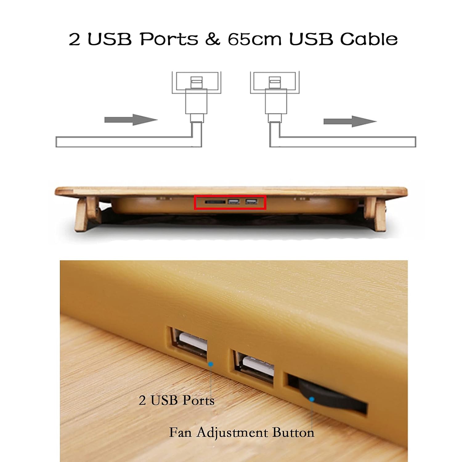 SUMISKY Laptop Stand Cooling Pad 100% Bamboo Adjustable Laptop Desk with 2 Quiet Cooling Fans Blue Light and 2 USB Ports Ergonomic Cooler Pad (15"x11" with 2 Pack USB C to USB Adapter)