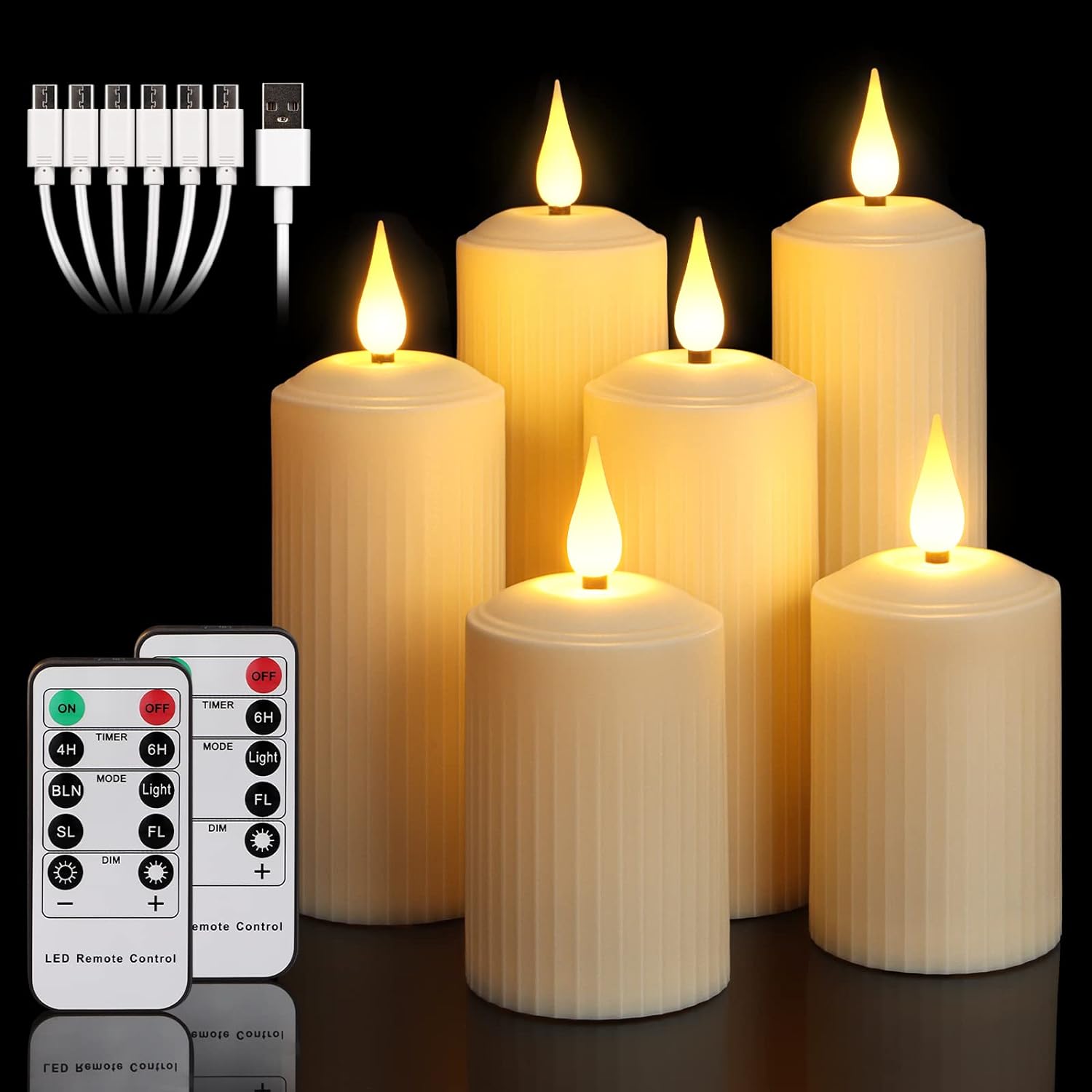 yunsheng Rechargeable LED Candles with 10 Button Remote Control, Outdoor Waterproof Flameless Candles with 6/8 Hour Timer, Roman Pillar Candle in Set of 6 (5 x 10.5/14/16.5 cm), Ivory, Type-C