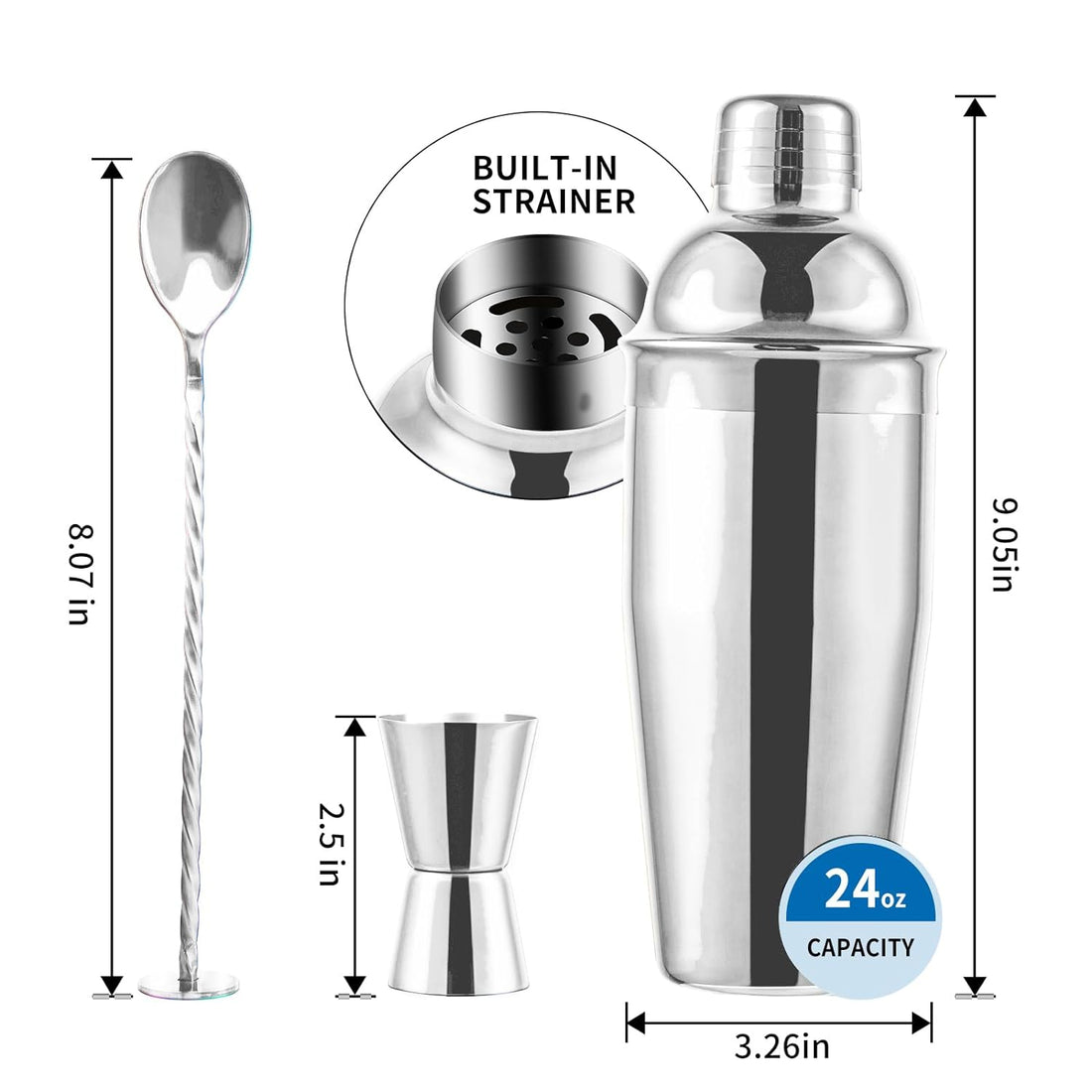 Safring 24oz Cocktail Shaker Bar Set, Martini Shaker with Built-in Strainer, Measuring Jigger, Mixing Spoon, Professional Stainless Steel Large Bartender Drink Shaker Margarita Alcohol Mixer-Silver