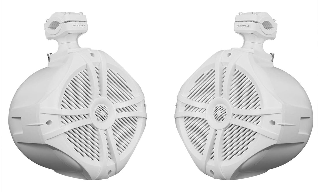 Pair Rockville RWB90W White 8" 300w Marine Wakeboard 360° Swivel Tower Speakers