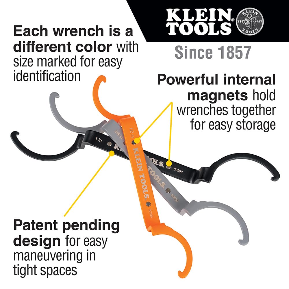 Klein Tools 50900R Conduit Lockout Wrench Set, Tighten and Loosen Locknuts in Tight Spaces, 1/2, 3/4 and 1-Inch, Offset Bends, 3-Piece