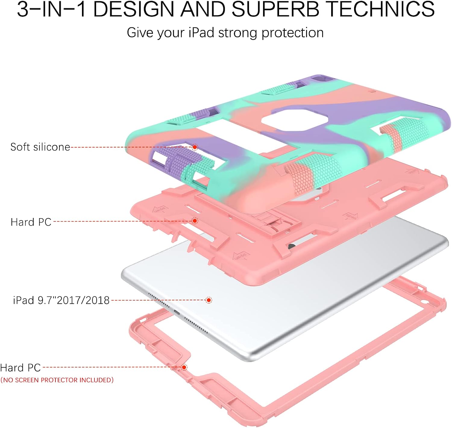 BENTOBEN iPad 6th Generation Cases, iPad 5th Generation Case, iPad 9.7 2018/2017 Case, 3 in 1 Heavy Duty Rugged Shockproof Kickstand Protective Cover for iPad 9.7 Inch 2018/2017, Camouflage/Rose Gold