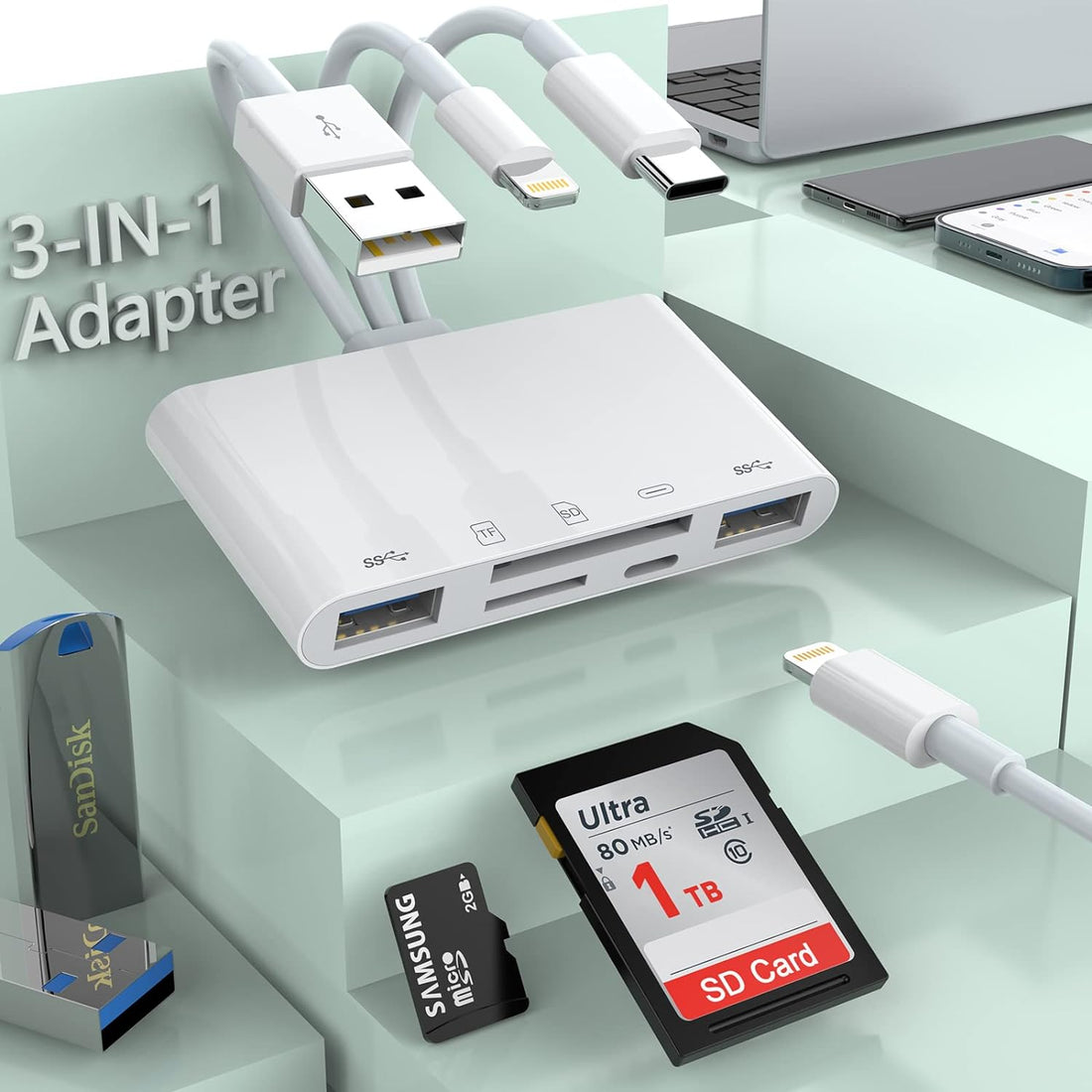 【Apple MFi Certified】 Multi 5-in-1 SD TF Memory Card Reader with SD/Micro SD/SDHC/SDXC/MMC，Lightning+Type C+USB A OTG Adapter for iPhone/iPad/Android/MacBook/PC/Tablet/Camera/Hard Disk/Flash Drive