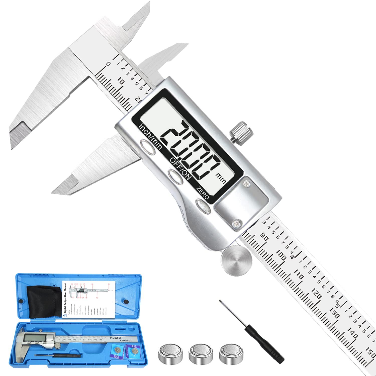 Digital Caliper 6 Inch Measuring Tool Stainless Steel Vernier Caliper Digital Micrometer with Large LCD Screen,Auto-Off Feature, Inch/Metric Conversion Measuring Tool Caliper