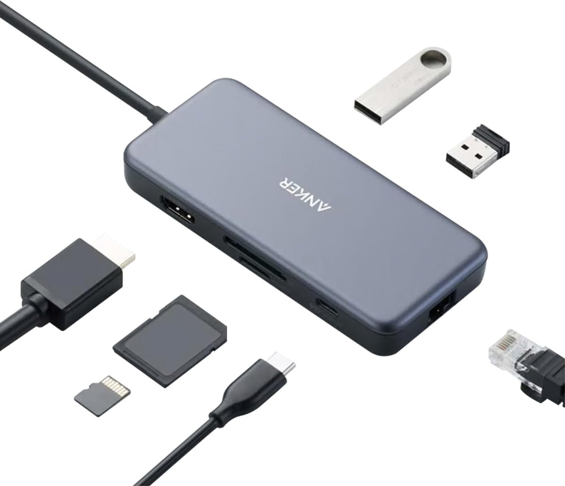 Anker USB C Hub, PowerExpand+ 7 in 1 PD Hub, 1 x 4K HDMI, 1 X Ethernet Port, 1 X Micro SD Slot, 1 X SD Card Slot, 1 x Type C PD Port, 2 x USB 3.0 Ports, 60W PD Pass-Through Charging