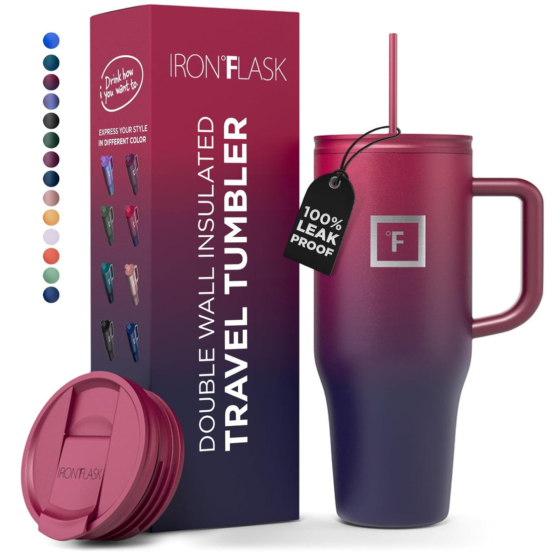 IRON °FLASK Co-Pilot 40 oz Insulated Tumbler w/Straw & Flip Cap Lids - Cup Holder Bottle for Hot, Cold Drink - Leak-Proof - Water, Coffee Portable Travel Mug - Valentines Day Gifts - Dark Rainbow