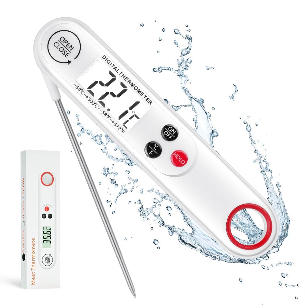 Meat Thermometer, Instant Read Cooking Thermometer, Digital Food Thermometer, Backlight LCD Screen Foldable Long Probe & Auto On/Off, Perfect for Kitchen, BBQ, Water,Meat, Milk-White