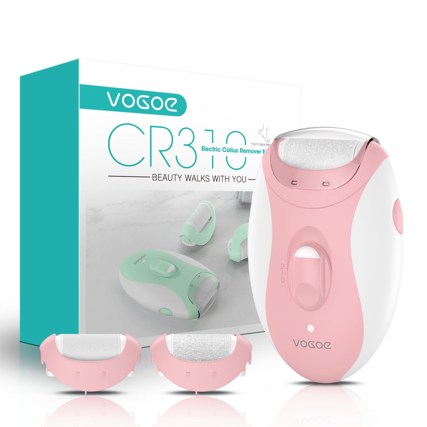 VOGOE Electric Foot File Hard Skin Remover Professional, Pedicure Set Rechargeable Callus Remover for Feet, Foot Scraper LED Light with 3 Rollers and 2 Speeds for Cracked Heel & Dead Skin CR310 Pink