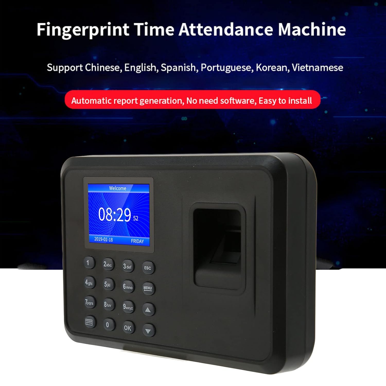 UPQRSG Fingerprint Time Clock, 2.4 Inch Capacity 1000 Users Name Display Biometric Employee Time Attendance Machine, Time Card Machine(US)