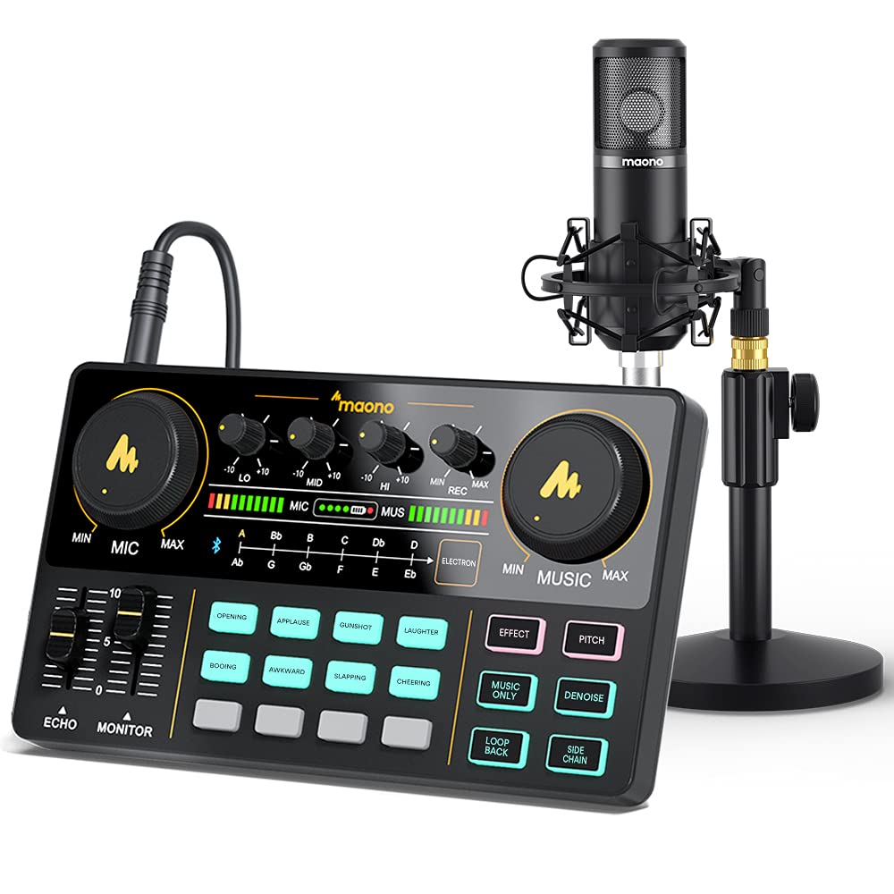 Audio Interface with DJ Mixer, Maonocaster Lite Portable ALL-IN-ONE Podcast Production Studio Bundle with 25MM Large Diaphragm Microphone for Guitar Live Streaming PC Recording and Gaming(AU-AM200-S4)