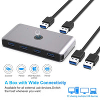 USB 3.0 Switch Selector, KVM Switch Adapter 2 Computers Sharing 4 USB Devices, USB Peripheral Switcher Box Hub for PC Printer Scanner Mouse Keyboard with One Button Swapping and 2 Pack USB Cable