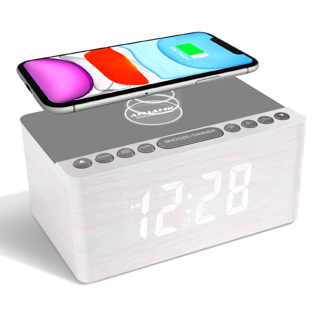 ANJANK Wooden Digital Alarm Clock FM Radio, 10W Fast Wireless Charger Station for iPhone/Samsung Galaxy, 5 Level Dimmer, USB Charging Port, 2 Wake up Sounds, Bedrooms Sleep Timer, Wood LED Clock