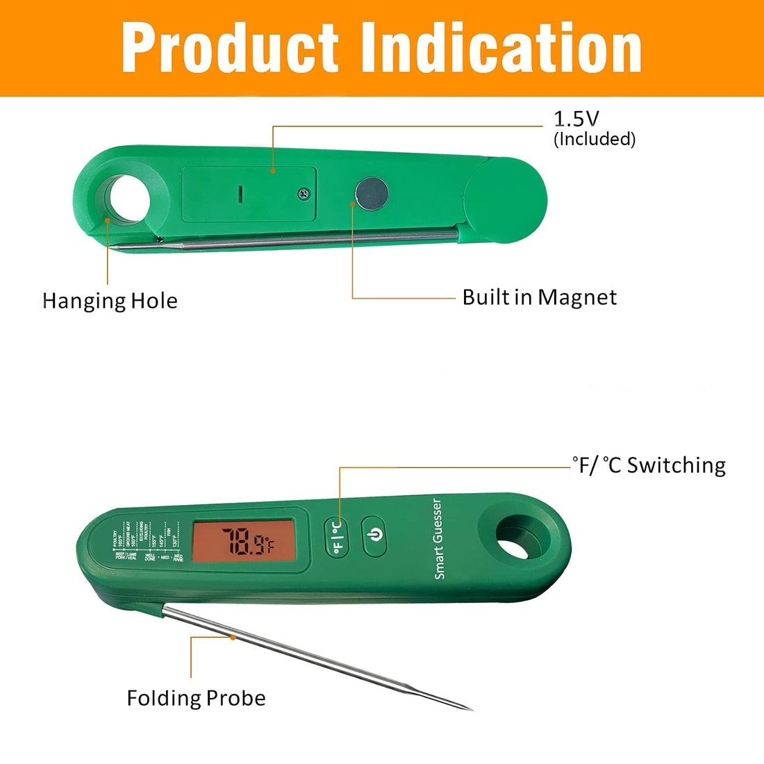 Smart Guesser Digital Meat Thermometer with Backlight for Kitchen Cooking-Instant Read Food Thermometer for Meat, Deep Frying, Baking,Grilling BBQ-Green, (UIE-OT-105)