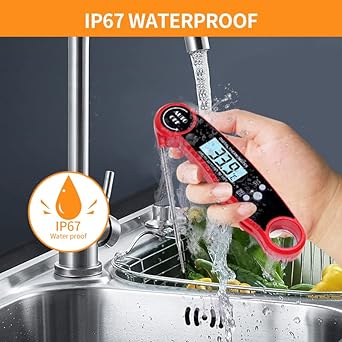 BESTCROF Meat Thermometer with Probe, Digital Instant Read Food Thermometer for Grilling BBQ, Kitchen Cooking, Baking, Liquids, Candy - IP67 Waterproof, Backlight & Calibration - Red/Black