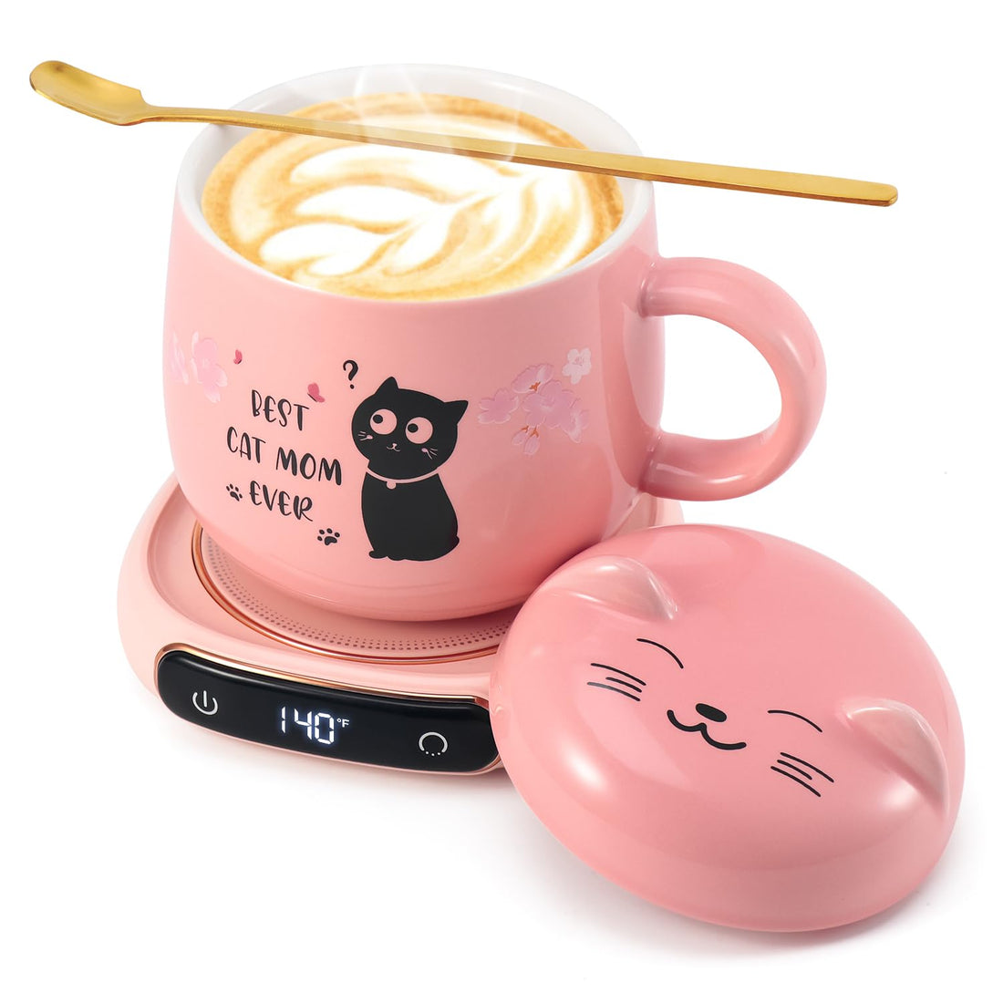 Bsigo Coffee Mug Warmer & Best CAT MOM Ever Mug Set, Electric Candle Mug Warmer 8H Auto Shut Off, Home & Office Beverage Cup Coffee Warmer for Desk, Cat Lover Mom Gift Birthday Women