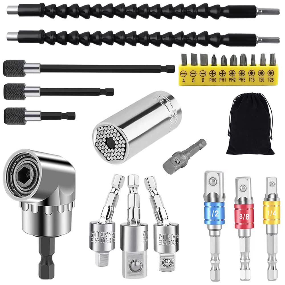 Flexible Drill Bit Extension and Universal Socket Wrench Tool Set, Hex Shank 105° Right Angle Drill Attachmen, 3pcs 1/4 3/8 1/2" Universal Socket Adapter Set and Screwdriver Bit Kit