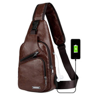 Peicees Men's Leather Sling Bag with USB Charger, Travel Gym Bike Laptop iPad Camera Sling Chest Crossbody Backpack Multipurpose Sling Shoulder Daypack for Men College Teens Boys