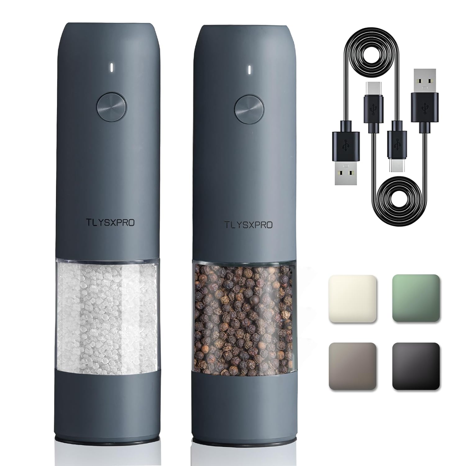 Electric Salt and Pepper Grinder Set with USB Rechargeable, Automatic One Hand Operation with Adjustable Coarseness, Pepper Mill Grinder Refillable with LED Light, Kitchen Gadgets (2 Packs, Blue-Grey)