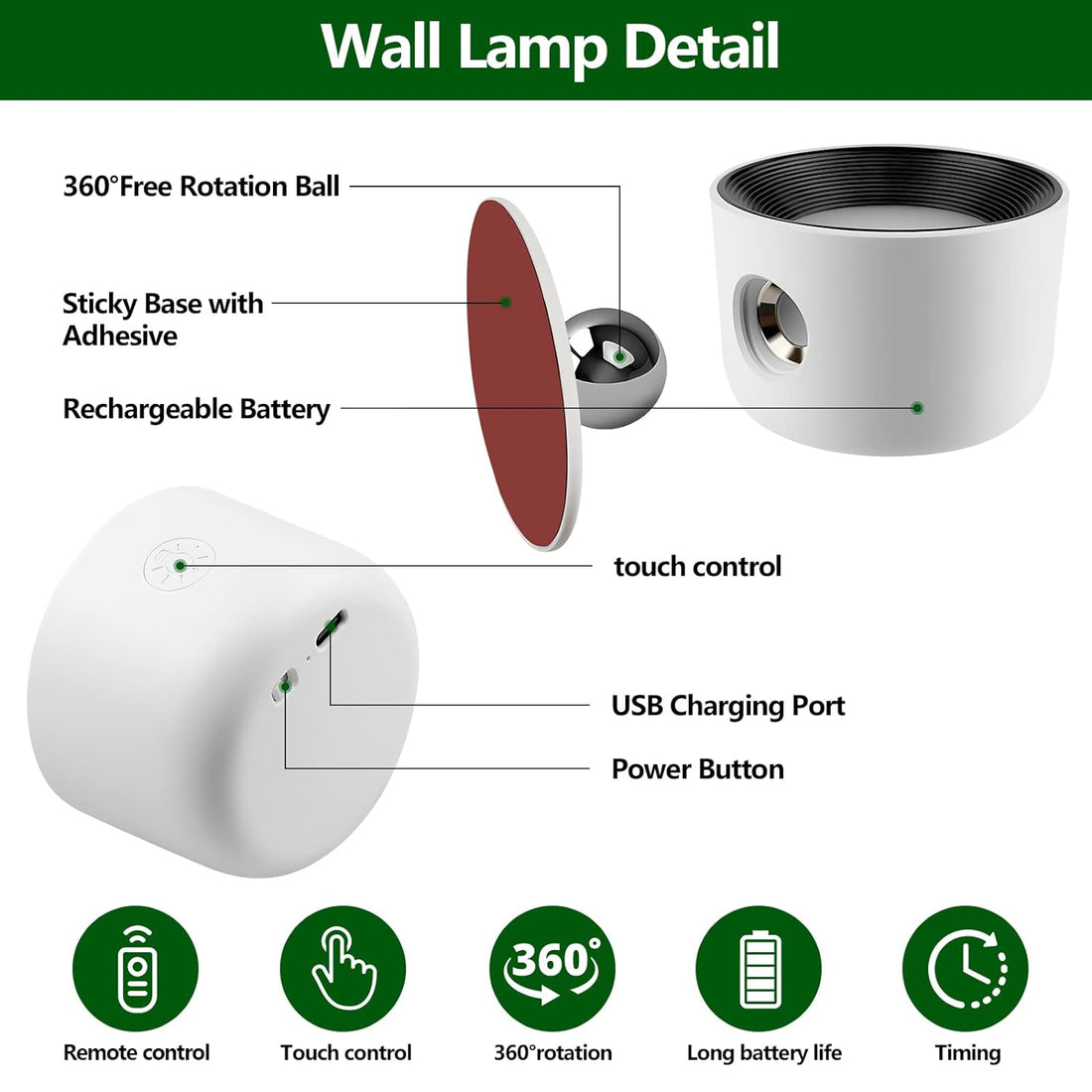 Aisuo LED Wall Light, Touch & Remote Control Light, 7 Color Temperature & 5 Brightness Levels, 360 Degree Rotate Ball, Built-in 2500mAh Battery, Rechargeable Wall Light for Bedroom, Living Room