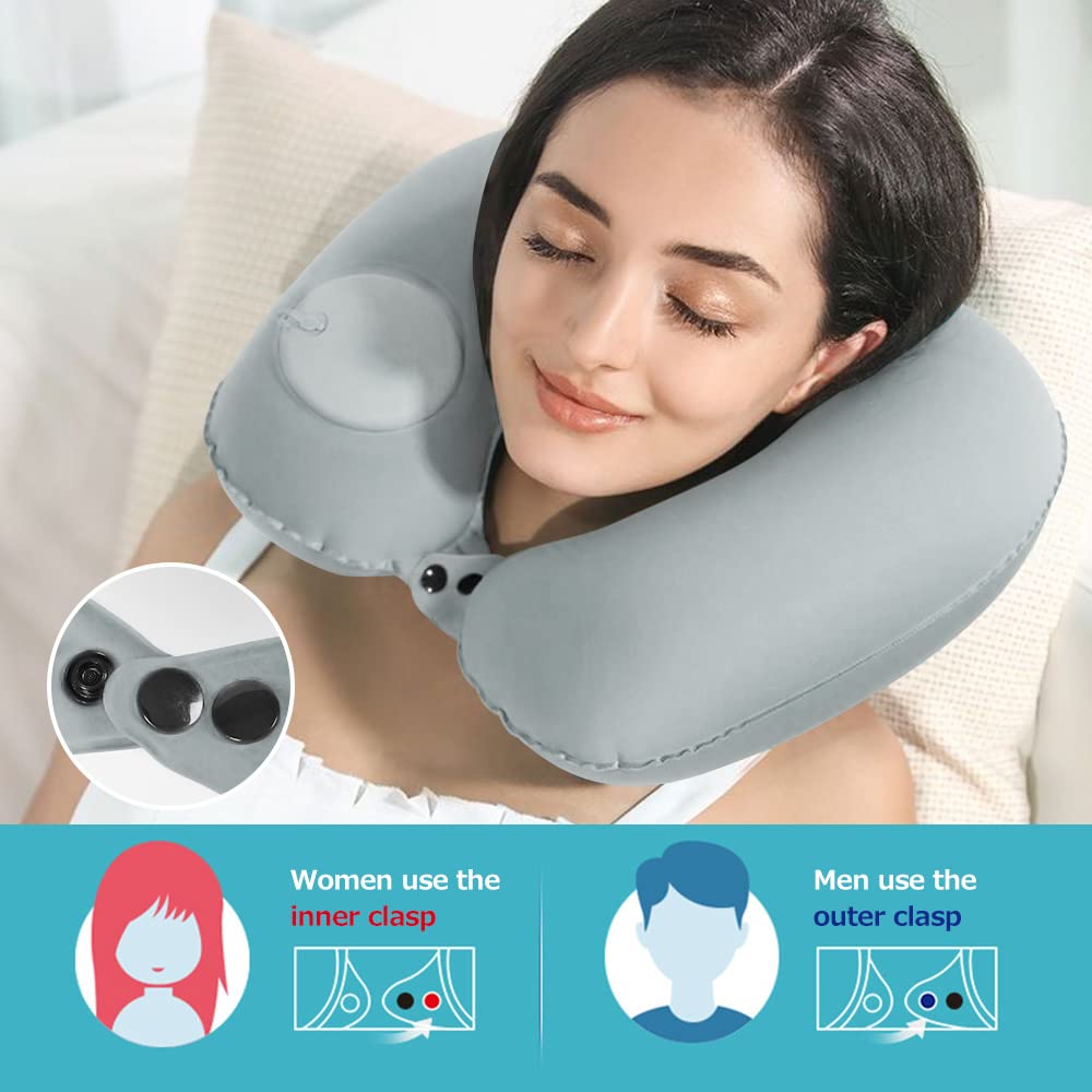 KLERICER 2PCS Inflatable Travel Pillow, Adjustable Inflatable Neck Pillow, Portable Fast Inflatable Pillow U-Shaped with Eye Mask,Earplug and Carry Bag, for Airplanes,Traveling,Lumbar Support (Grey)