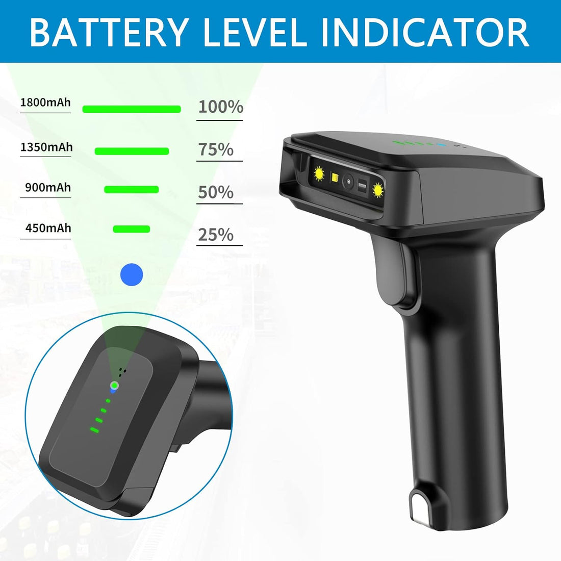 Bluetooth Barcode Scanner with Battery Level Indicator QR Bar Code Reader, 2.4G Wireless & USB Wired Barcode Scanner Connect Phone, PC, Work with Windows, Mac,Android, iOS, for Store, Warehouse