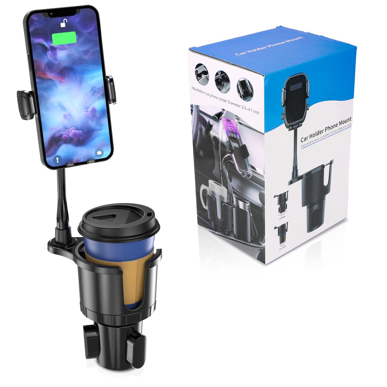 Car Cup Holder Phone Mount, 2 in 1 Adjustable Cup Holder Expander with 360° Rotation Base, Multifunctional Large Cup Organizer Phone Holder for Car Fits All Smartphones