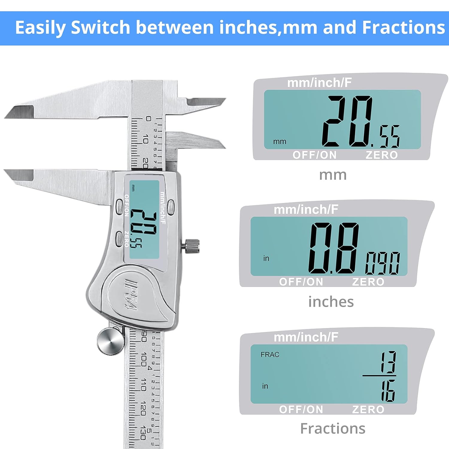 CAMWAY Waterproof Digital Caliper 8 Inch,Stainless Steel Electronic Vernier Caliper with 32PCS Feeler Gauge,200mm Digital Caliper Fractions/Inch/Metric Measuring Tool