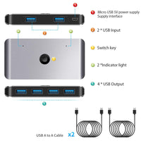 USB 3.0 Switch Selector, KVM Switch Adapter 2 Computers Sharing 4 USB Devices, USB Peripheral Switcher Box Hub for PC Printer Scanner Mouse Keyboard with One Button Swapping and 2 Pack USB Cable