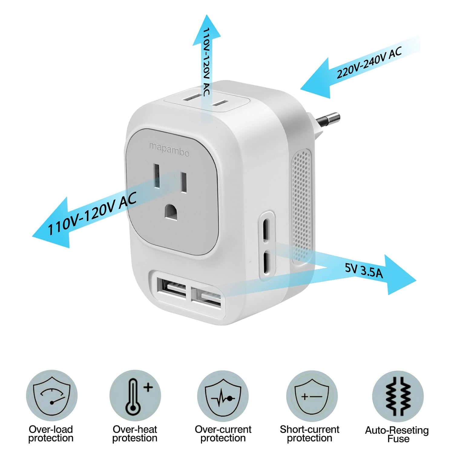 Mapambo European Universal Travel Plug Adapter 220V to 110V Voltage Converter with 2 USB Port 2 USB C International Power Adapter for Hair Straightener/Curling Iron US to Most of Europe (Grey)