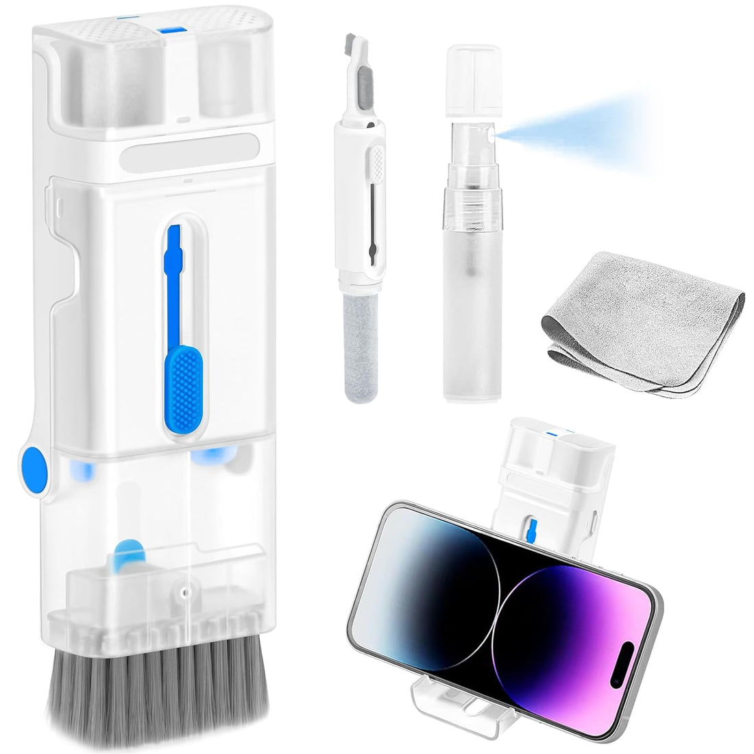 Laptop Keyboard Screen Cleaner Kit for Airpod Phone Computer Camera Lens Eyeglass, Electronic Airpods Cleaning Pen Brush Touchscreen Mist Spray for MacBook iPhone iPad iPod, with Phone Holder - Blue