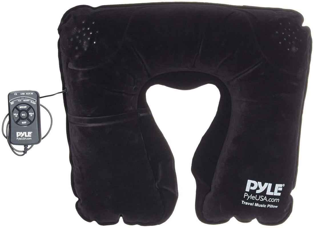 Pyle Portable and Comfortable Travel Music Pillow - Neck Support w/ Rechargeable Battery Dual Speaker Bluetooth Connectivity and Remote Control for Wireless Streaming at Home Office Traveling - PITS18