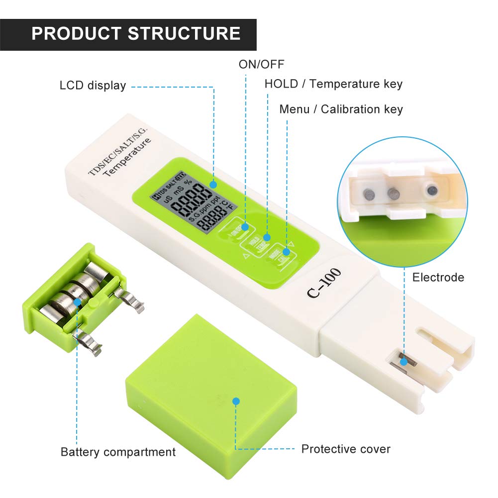 Digital Salinity Tester for Saltwater, C-100 5 in 1 Salinity TDS EC Seawater Tester Multifunction Water Quality Tester with Backlight for Saltwater Pool, Aquarium, Koi Fish Pond