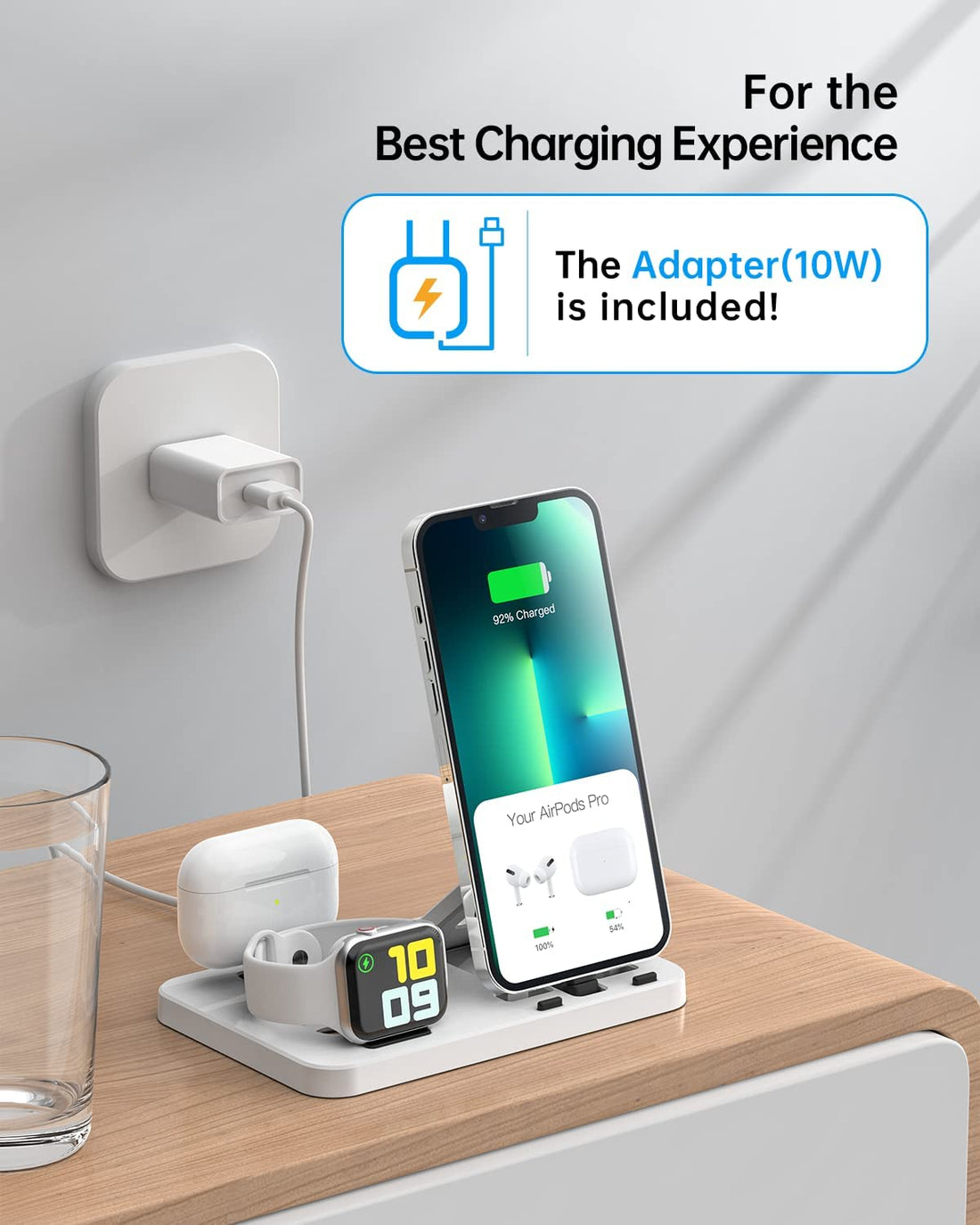 MODOCH 3 in 1 Charging Station for Apple Multiple Devices, Foldable and Portable Travel Charging Dock Compatible with iPhone Airpods Apple Watch Charger Stand with Adapter (White)